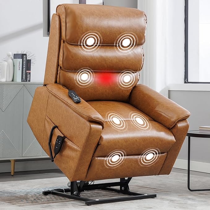 Lay Flat Lift Chair with Heat and Massage, Dual Motor Recliner with Infinite Position, Up to 350 LBS Electric Power Lift, Yellow Brown Leather Recliner