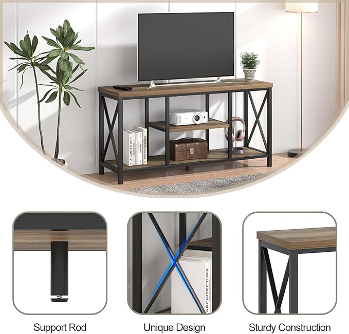 FOLUBAN TV Stand for TVs up to 55 Inch, Rustic Wood and Metal Entertainment Center with Storage, Modern Industrial Media TV Console Table for Living Room Bedroom, Oak 47 Inch