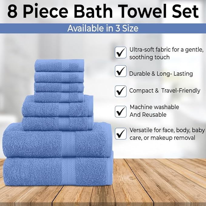 Pack of 8 Towels Set, 2 Large Bath Towels, 2 Hand Towels, 4 Wash Cloths, 100% Cotton, Lighter Weight, Quicker to Dry, Super Absorbent, Perfect for Bathroom (Blue)