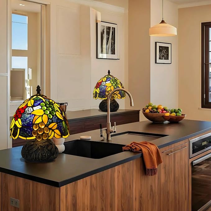 Small Tiffany Stained Glass Lamp, 3 Color Temperatures Bedside Lamp, 8 Inch Mushroom Desk Light for Bedroom Living Room Office Home Decor (Yellow Leaf Grapes)