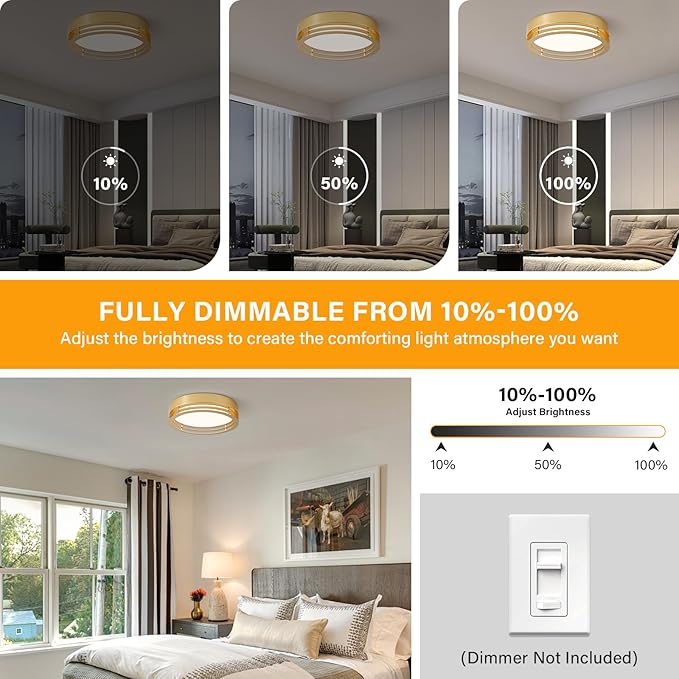 Dimmable Gold Flush Mount Ceiling Light, Modern Round LED Ceiling Lights Fixture, Kitchen Flushmount Light for Bedroom Hallway Laundry Room 2700 K-6000 K 5CCT