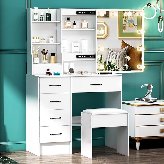 Makeup Vanity with Sliding Mirror and Lights, Modern Vanity Table with Stool and 6 Drawers, White Vanity Desk with Lights for Bedroom, Dressing Table Set for Petite Women and Girls, White