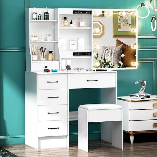 Makeup Vanity with Sliding Mirror and Lights, Modern Vanity Table with Stool and 6 Drawers, White Vanity Desk with Lights for Bedroom, Dressing Table Set for Petite Women and Girls, White