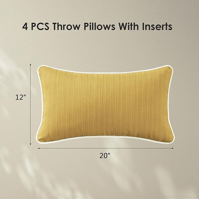 Decorative Outdoor Water Repellent Throw Pillows with Inserts, Set of 4, 20" x12" Pillows for Patio, Backyard, Bed, Couch, and Patio Furniture, Yellow Brown