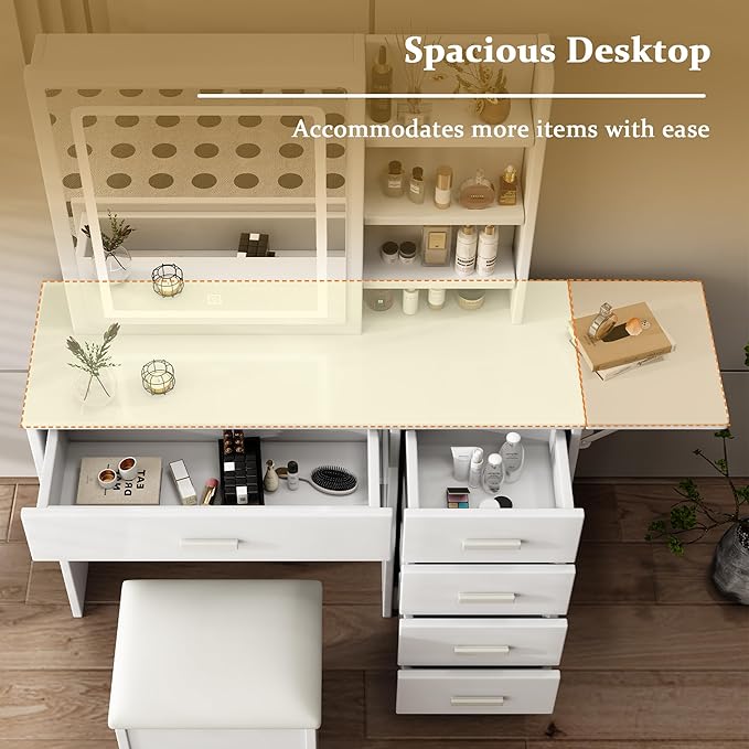Stylish Vanity Desk with Mirror and Lights, White Dressing Table Set with Chair, 5 Drawers & Open Shelves, Adjustable 3-Color LED Lighting, Perfect for Bedroom Makeup