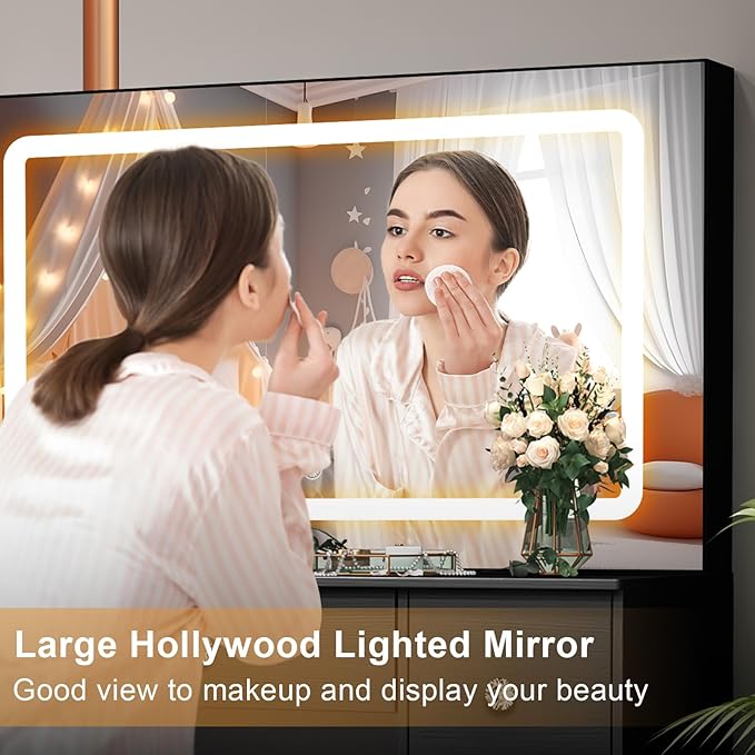 JBLCC Black Vanity Desk with Mirror and Lights, 39.4''W Makeup Vanity with 3-Color Lighted Mirror, 7 Drawers & Open Shelves, Big Vanity Table for Bedroom, Girls & Women