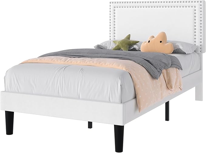 VECELO Twin Size Platform Bed Frame with Adjustable Upholstered Headboard, Strong Wood Slat Support, No Box Spring Needed, Easy Assembly