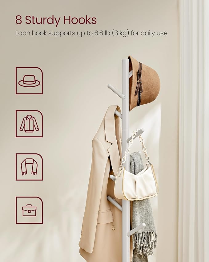 VASAGLE Solid Wood Coat Rack, Free Standing Hall Coat Tree with 8 Hooks, 3 Height Options, for Coats, Hats, Bags, Purses, for Entryway, Hallway, Rubberwood Hooks and Pole, Cappuccino Beige URCR010K01