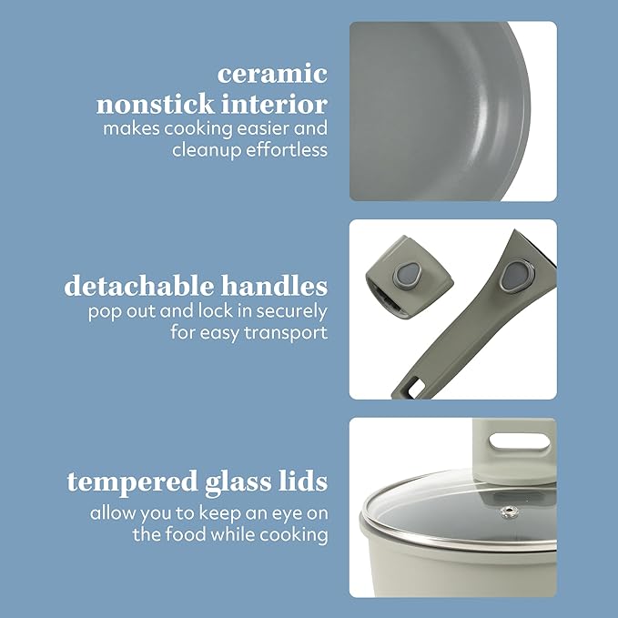 Sur La Table Kitchen Essentials 13 Piece Detachable Handle Pots and Pans Premium PFA Free Premium Ceramic Non Stick Induction Safe and Secure Removable Handle Cookware Set - Juniper Green