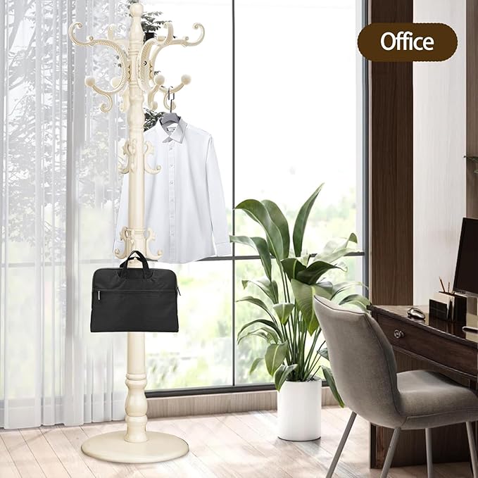 Coat Rack Freestanding, Wooden Coat Tree with Stable Round Base, Vintage Heavy Duty Coat Rack Stand with 14 Hooks, Coat Hanger Stand for Bedroom, Office, Entryway (Ivory)