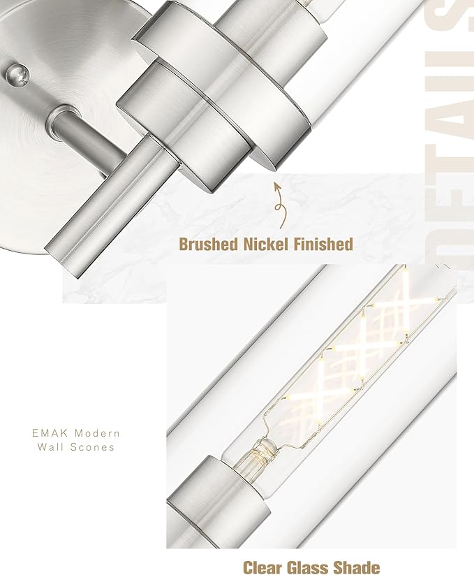 Emak Brushed Nickel Wall Sconce Light, Modern Bathroom Light Fixtures with Clear Glass Shade, 1 Light Wall Lights for Bedroom, Bathroom, Living Room, WS085-BN