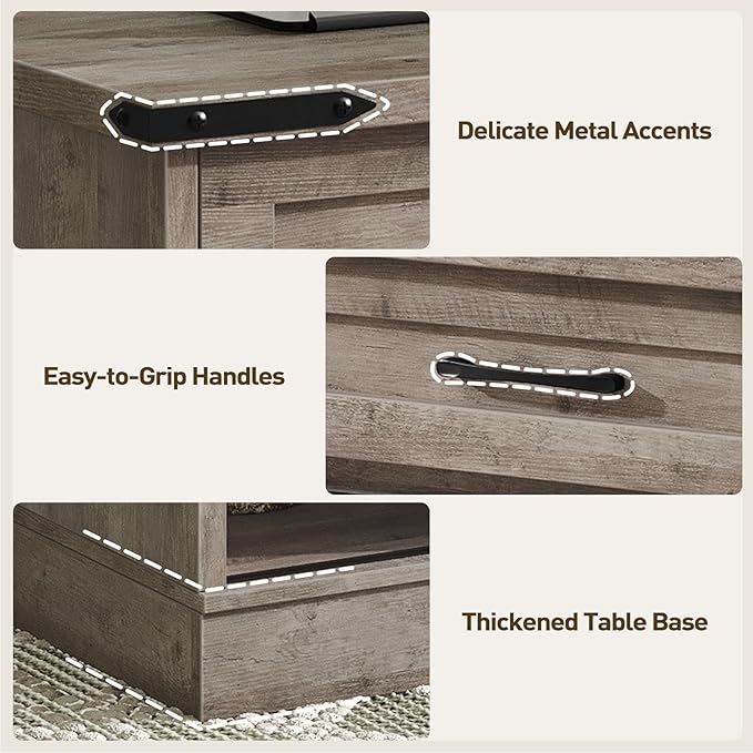 47" Farmhouse Coffee Table with Storage and 2 Drawers, Large Rustic Center Table with Sliding Barn Doors & Open Compartments, Wooden Coffee Table for Living Room, Greige