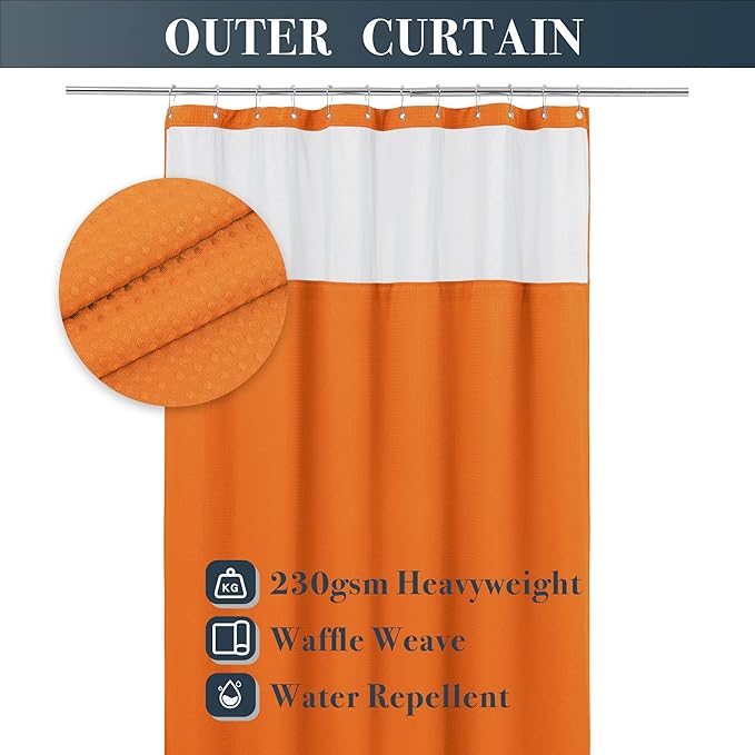 N&Y HOME Waffle Weave Shower Curtain with Snap-in Fabric Liner & 12 Metal Hooks Set - Hotel Style, Waterproof & Washable, Heavyweight Fabric & Mesh Top Window - 71x72, Orange