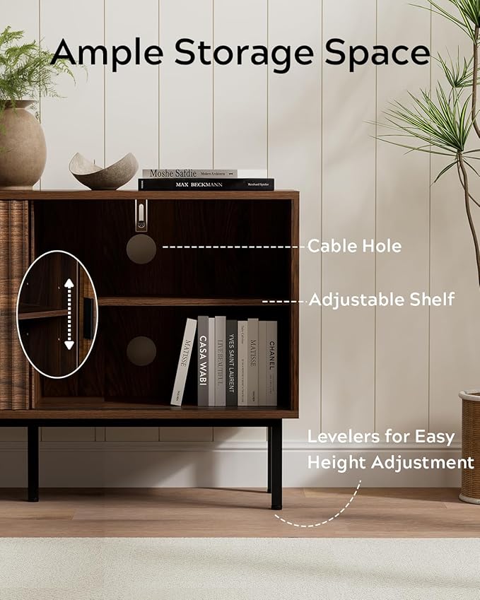 Fluted Tv Stand Set of 2, 47" Mid Century Storage Cabinet with Adjustable Shelf, Wooden Media TV Console Entertainment Center for Living Room, Brown