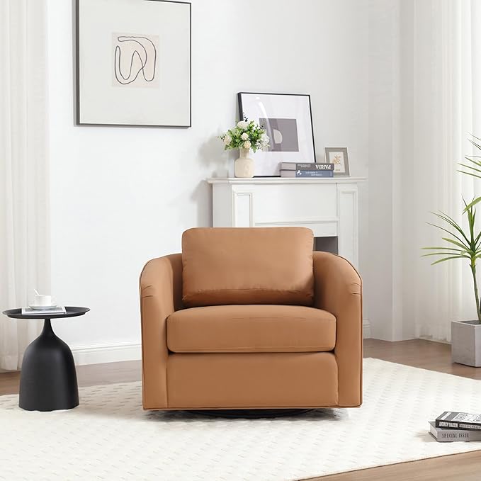 MINCETA Accent Chairs,Oversized 360 Swivel Armchair(Seat Area:25.6" D x 26.8" W),Modern Comfy Reading Chairs for Living Room with Metal Base,PU Leather in Brown