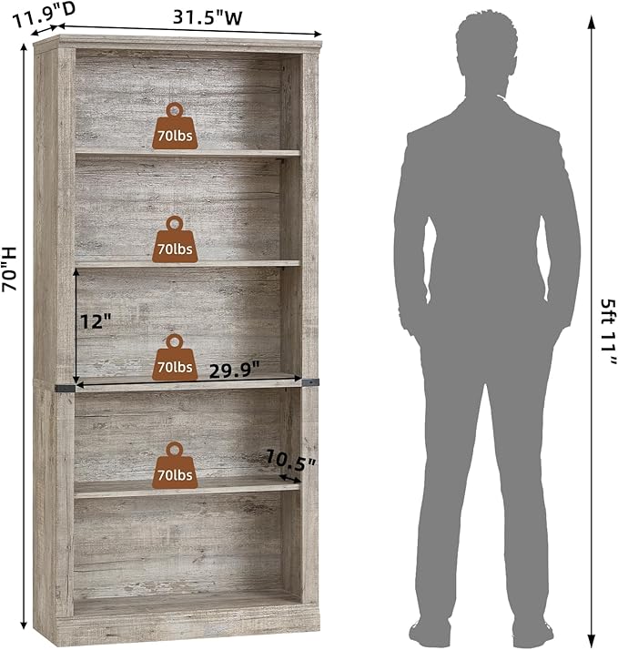 70" Grey Tall Bookshelf Set of 4,5-Tier Thick Wooden Book Shelf with Adjustable Shelves,Free Standing Farmhouse Bookcase with Open Display Storage,Floor Vintage Bookshelves for Living Room
