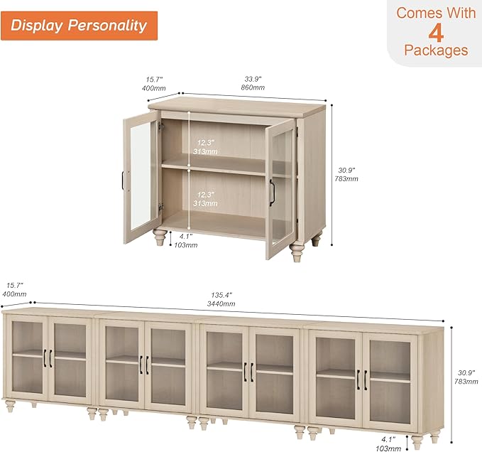 WAMPAT Large TV Stand for TVs up to 100 Inch, Beige Entertainment Center TV Console Table for 85/90/95/110 Inch TV, Accent Buffet Cabinet with Glass Door for Dining Room & Living Room