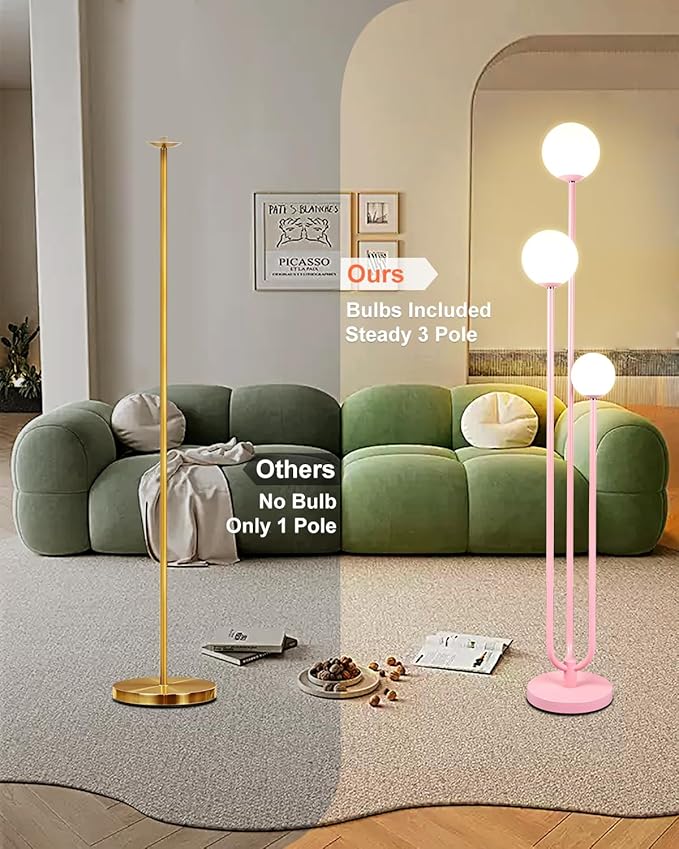 Lightdot 63IN Pink Floor Lamp Mid Century Modern Floor Lamp with 3 Globe Soft Warm White 3000K Bulbs Candle Holder Style Standing Lamp for Wedding Party/Living Room