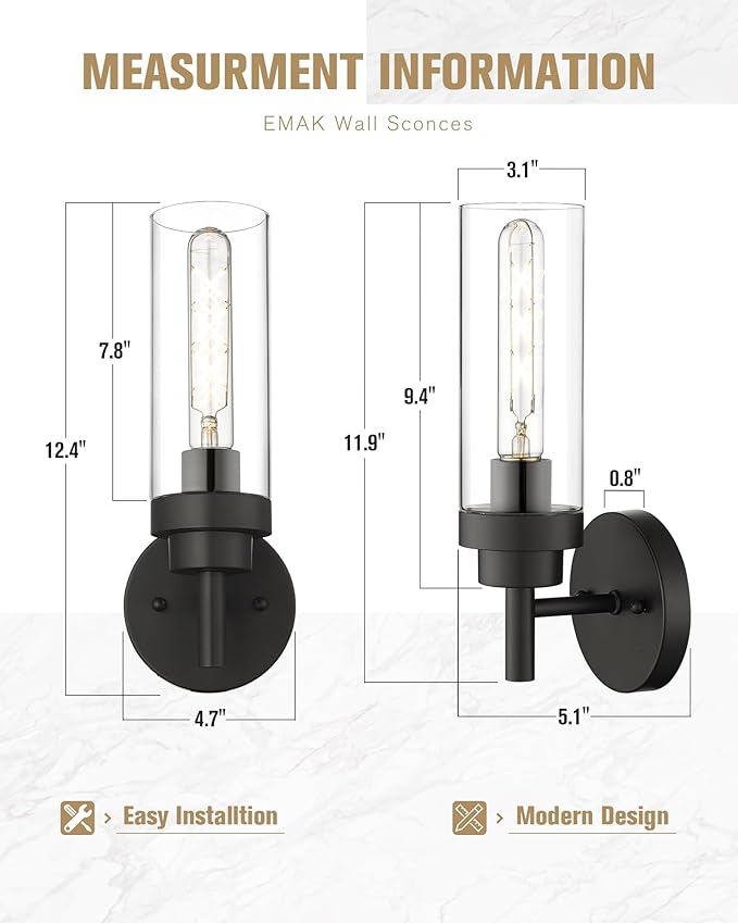 Emak Modern Black Wall Sconce, 1 Light Wall Lights with Clear Glass Shade, Farmhouse Vanity Lights for Bathroom, Mirror, Hallway, Bedroom, WS085-BK