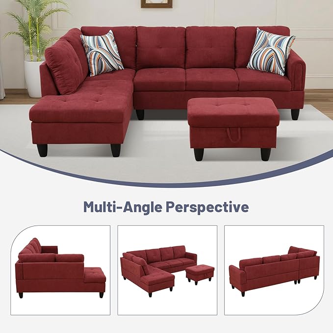 L-Shape 3-Piece Cloud Sofa, Couch for Living Room, Red Fluffy Fabric L-Shape with Reversible Chaise & Storage Ottoman, Ergonomic 110–115° Recline, Solid-Wood Frame