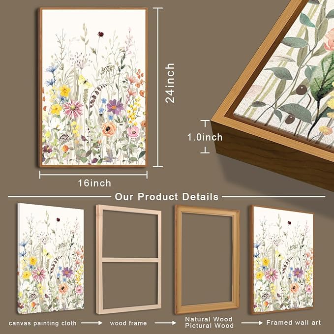 BINCUE Large Framed Floral Canvas Wall Art Colorful Wildflower Pictures Wall Decor for Living Room Bedroom Home Decor 3 Panel 16x24 Inches