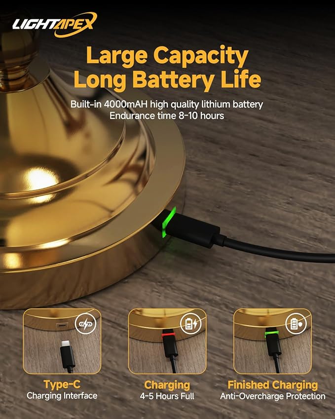 Lightapex Vintage Small Cordless Table Lamps with Stepless Dimming, Portable Rechargeable Bedside Lamps with Touch-Control for Bedroom, Living Room, and Reading, Cone(Brassy)
