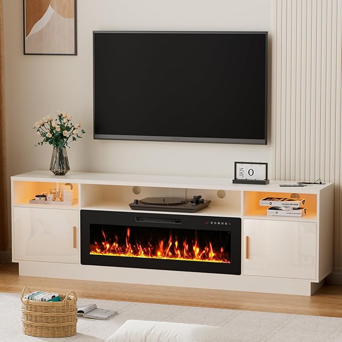 80'' TV Stand with 42'' Fireplace-LED Light Entertainment Center for 90 inch TV-White TV Cabinet with Storage, Modern TV Console for Living Room
