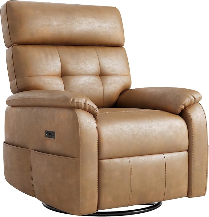 Claiks Power Swivel Rocker Recliner Chair, Oversized Recliner Chairs for Adults, PU Leather Overstuffed Reclining Chair with USB and Type-C Ports for Living Room, Brown
