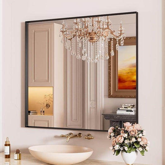 40x36 Inch Black Bthroom Mirror,Black Metal Frame Vanity Mirror for Wall, Square Corner, Rectangle,Tempered Glass,Anti-Rust (Horizontal/Vertical), Bedroom, Living Room, Entryway