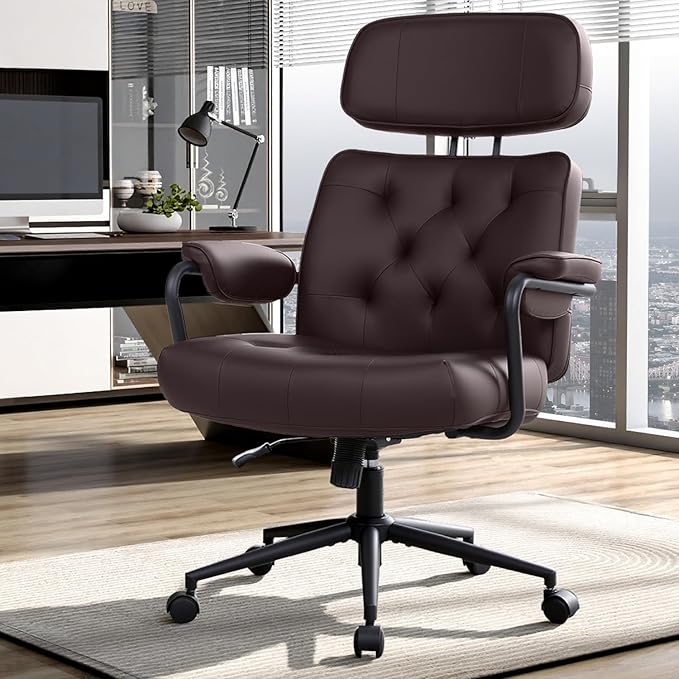 Office Chair Big and Tall 500lbs, Desk Chair Comfy, Oversized Computer Gaming Chair Extra Wide, Executive PU Leather Heavy Duty, High Back Swivel Rocking Chairs with Wheels for Home,Brown