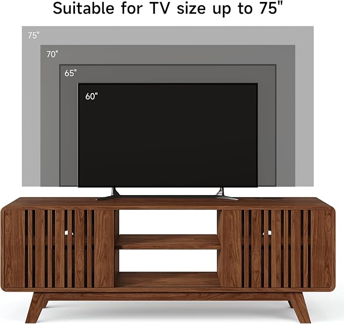 63-Inch TV Stand for TVs up to 75 Inch, Mid-Century Modern Television Stand with Power Outlet， Entertainment Center with Sliding Grille Door Cabinets and Open Shelves for Living Room, Walnut