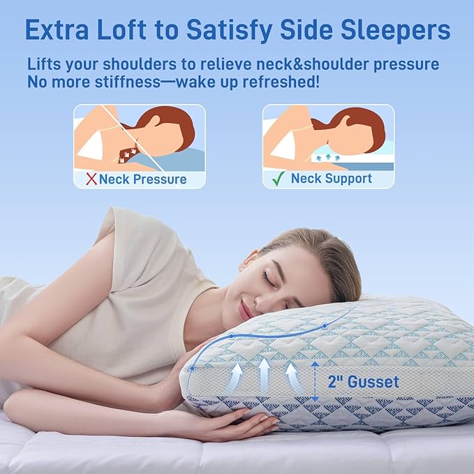 Shredded Memory Foam Cooling Soft Bamboo Viscose Pillows Queen Size Set of 2, Adjustable Hypoallergenic Hotel Quality Bed Pillows for Stomach, Back and Side Sleeper, Oeko-TEX Certified