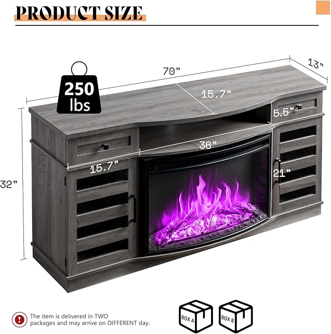 AMERLIFE 70" Farmhouse Fireplace TV Stand with 36'' Curved Electric Fireplace, LED Media Console with 2 Drawers & Adjustable Shelves, Fits 80'' TVs, Wash Gray