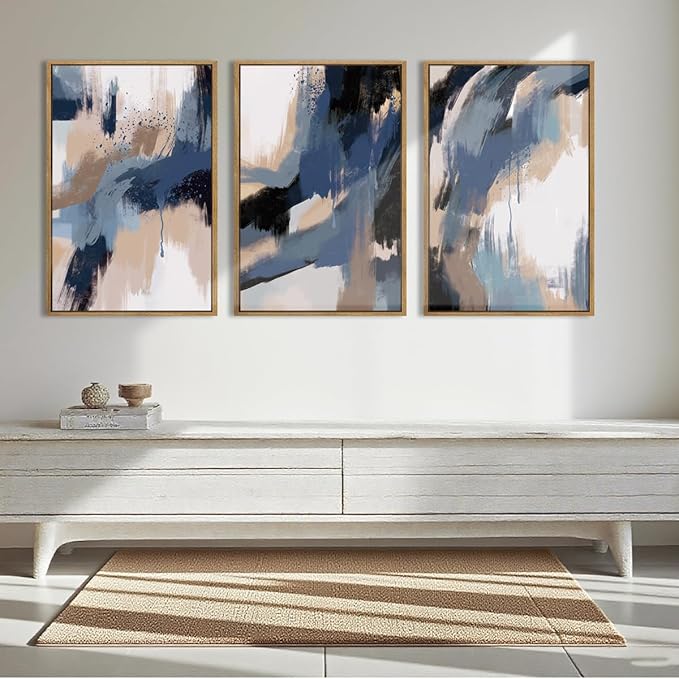 Extra Large Blue Neutral Wall Art Decor Modern Abstract Wall Painting Framed Artwork for Living Room Bedroom Office 24x36 Inch Set of 3
