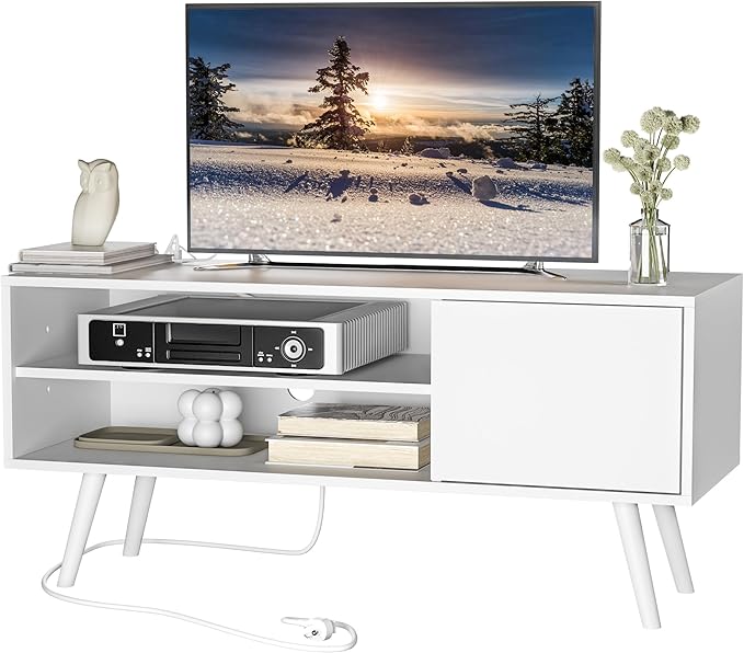 Cozy Castle TV Stand for 48 Inch TV, Mid Century Modern Entertainment Center with Storage Cabinet, TV Media Console with Charging Station for Living Room, Bedroom, White