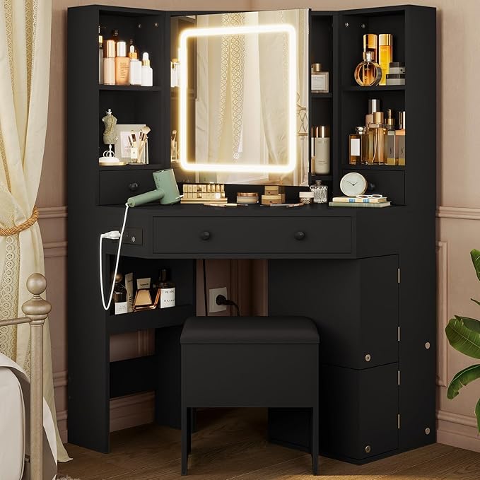 Vanity Desk with Mirror Lights, Storage Bench & Power Outlet, Corner Vanities with Rotating Cabinet & Drawers, 42.5" L Shaped Vanity Set, 3 Light Settings, for Women Girls, Modern Black