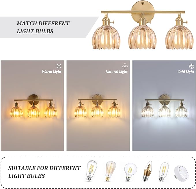 Bathroom Light Fixtures, 3-Light Brass Vanity Wall Light Over Mirror with Amber Tulip Glass Shade for Bedroom Living Room