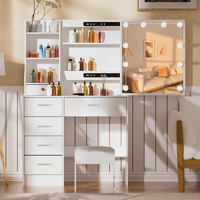 Dressing Table with Power Outlet for Hair Dryer, Phone Charging, Vanity Set with Miror and Lights, 5 Drawers and 6 Cabinets, Makeup Table for Girls, White