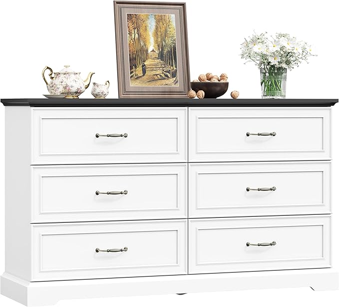 Dresser for Bedroom with 6 Drawer, Farmhouse Dresser for Closet, 53'' Wide Rustic Wooden Chest of Drawers with Natural Wood Texture, Vintage Storage Organizer for Living Room, Hallway, White
