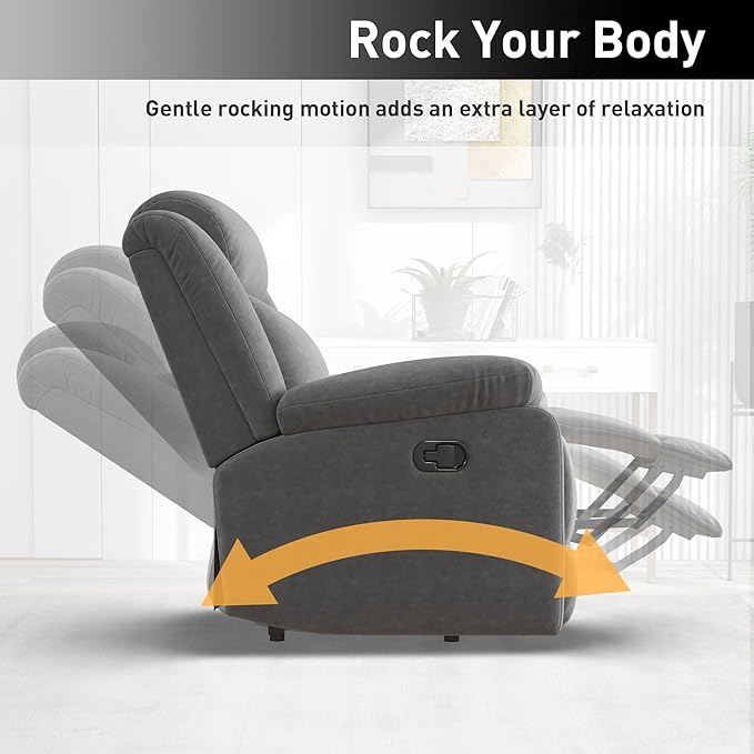 Bonzy Home Rocker Recliner Chair for Adults, Overstuffed Manual Rocking Recliner, Fabric Upholstered Single Sofa for Living Room, Grey