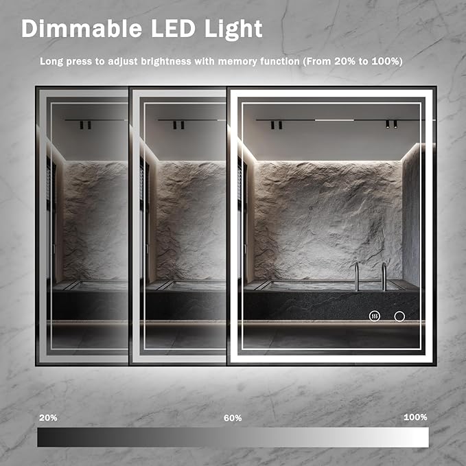 24" x 32" LED Bathroom Mirror with Lights Black Framed LED Mirror for Bathroom Lighted Bathroom Mirror Backlit and Front Black Aluminum Frame Anti-Fog Dimmable Vanity Adjustable Memory