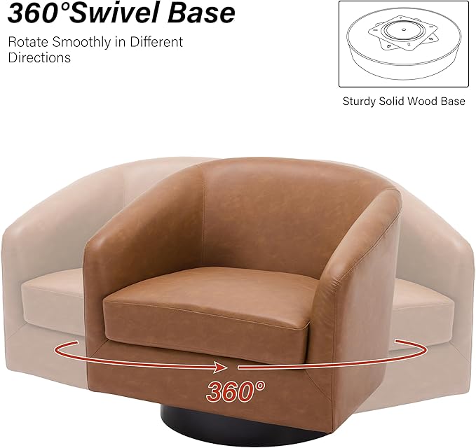 Swivel Barrel Chair, Modern Round PU Leather Accent Armchair for Living Room, Bedroom, Oversized Comfy Club Reading Chairs for Adults (Leather Brown, Set of 1)