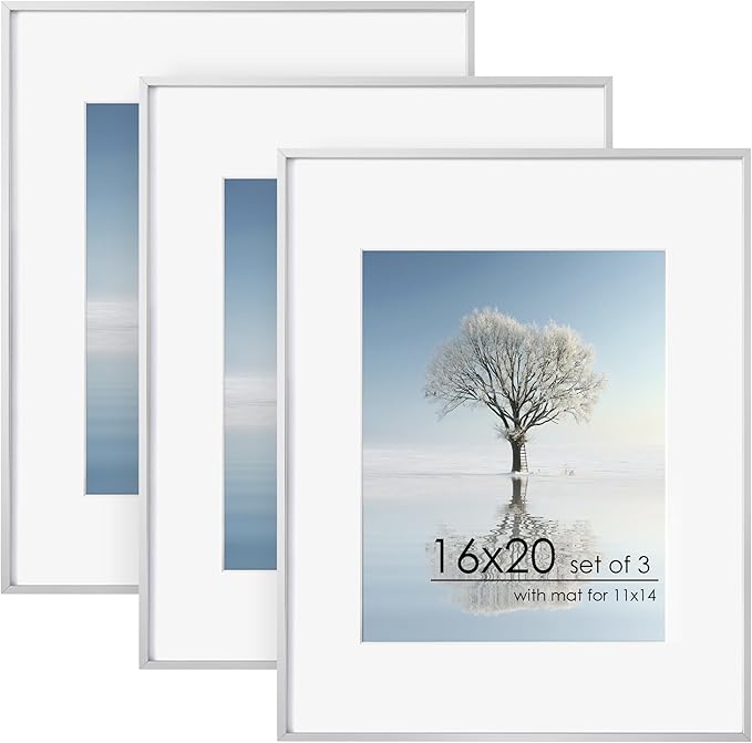 16x20 Metal Picture Frame For Wall With Mat For 11x14, 16''x20'' Aluminum Photo Frames With Tempered Glass, Minimalist Modern Poster Frame Horizontally Vertically Set of 3, Silver