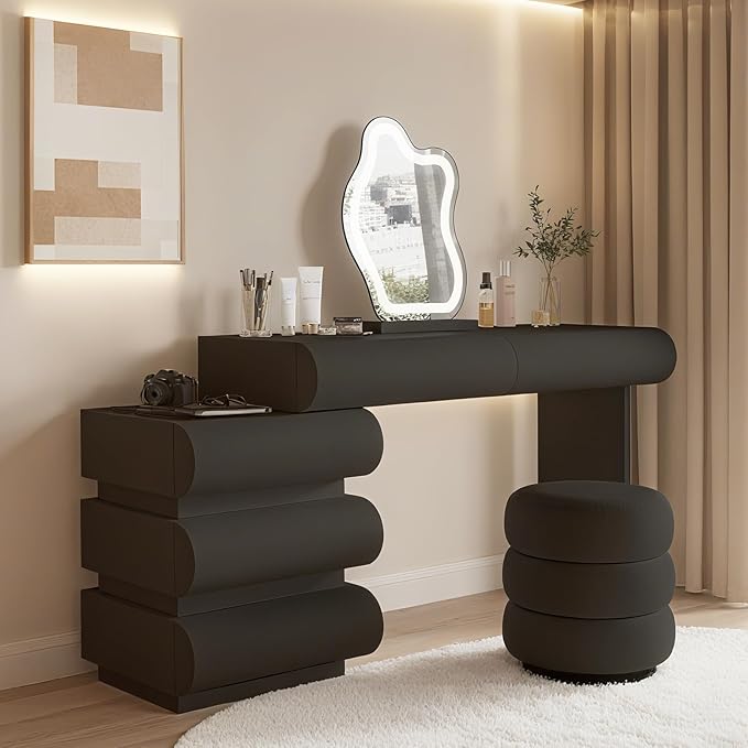 Makeup Vanity Desk with Lighted Mirror and Stool, Faux Leather Upholstered Finish, Modern Dressing Table with 5 Drawers for Bedroom and Makeup Room, Easy Assembly, Black