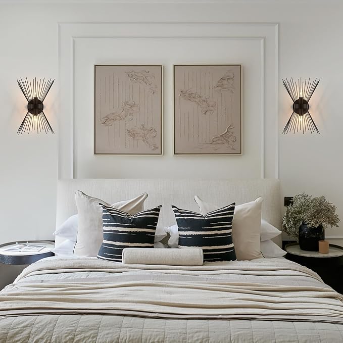 Modern Black Wall Sconces 2 Pack Vanity Light Starburst Bedside Wall Sconce Lighting Fixture Mid Century Wall Lamps for Bedroom, Hallway, Entryway, Passway, Bathroom