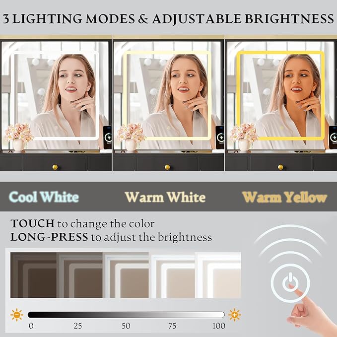 Makeup Vanity Desk with HD Lighted Mirror & Power Outlet, Glass Top Vanity Table Set with Storage Drawers & RGB Cabinets, Large Dressing Table with 3 Lighting Modes for Bedroom Women Girls Kids, Black