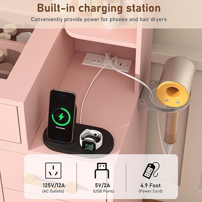 Glass Top Vanity Desk with Mirror and Lights, Large Vanity Makeup Mirror Desk with Charging Station Compartment Storage Drawers, Modern Makeup Vanity with 9 Drawers 6 Shelves, Pink