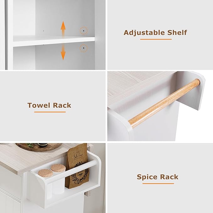 Kitchen Island with Storage & Drop Leaf, 51" Kitchen Rolling Island on Wheels with Spice Rack & Towel Rack, Kitchen Island Cart with Trash Can Storage, White