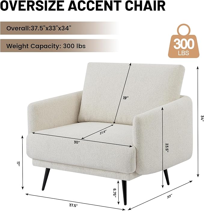 Oversized Accent Chair for Living Room Chairs Reading Arm Chair Comfy Modern Single Sofa Side Chairs with Metal Legs & Soft Cushion for Bedroom, Balcony,Waiting Room (Chenille, Oatmeal)