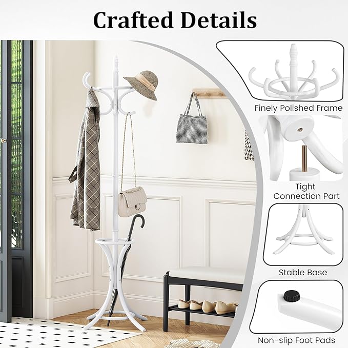 Tangkula Coat Rack with Umbrella Holder, 73 Inch Freestanding Coat Hanger Stand with 12 Hooks, Wooden Entryway Coat Tree for Clothes, Bags, Hats, Scarves, Living Room, Bedroom, Hallway (White)